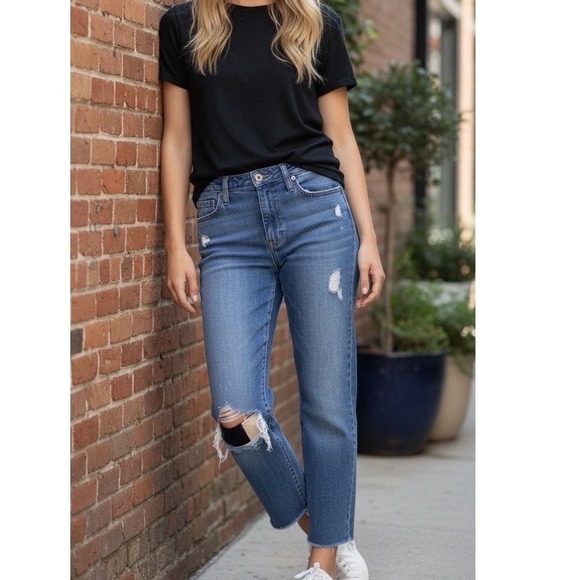 Madewell Denim - Madewell The High-Rise Boy Jean Distressed‎ Crop Raw Hem Blue  Women's Size 27